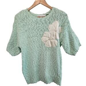 Vintage Floral Sweater Womens Medium Pastel Blue 80s Glam Rock Retro Cottage